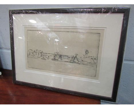 Harry Becker (1865-1952) Etching drypoint of farm cottages, framed and glazed, 27cm x 16cm