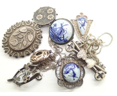 Collection of mixed white metal and silver jewellery including ceramic Delft brooches
