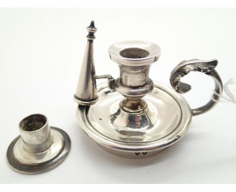 Victorian miniature candle holder and snuffer stamped Victorian head and W 110g  CONDITION REPORT: No apparent damage to this