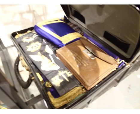 Leather case containing large amount freemasonry Regalia cuffs sash jewels paperwork etc 