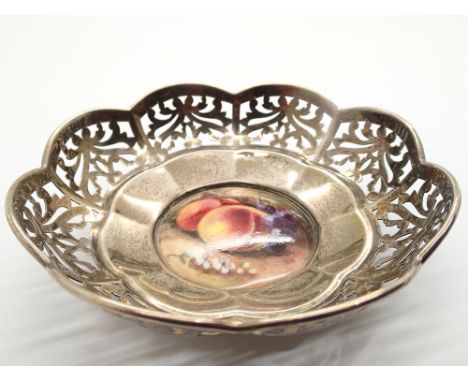 Hallmarked silver pierced bon bon dish with Royal Worcester ceramic base assay Chester 1913 D: 11 cm CONDITION REPORT: There 