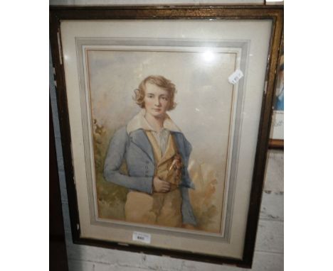 A 19TH CENTURY WATERCOLOUR PORTRAIT of a dandyish young man in a blue coat, the back board inscribed 'Granville Gower Lock 18