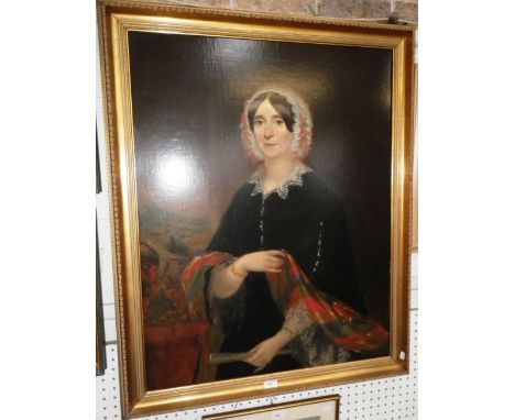 A 19TH CENTURY PORTRAIT of a woman wearing a lace collar and brightly coloured shawl (relined)