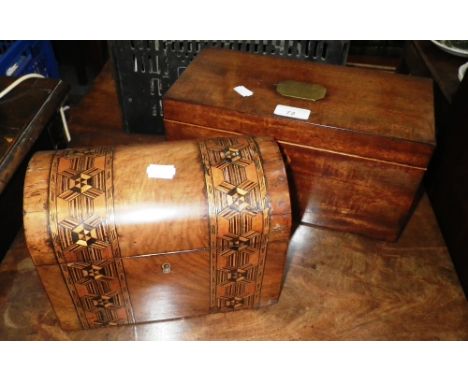 A VICTORIAN WALNUT AND PARQUETRY DOME TOP TEA CADDY and a 19th century mahogany example (2)