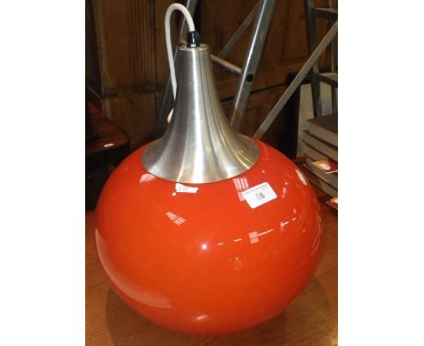 A 1970S STYLE ORANGE GLASS HANGING LAMP with aluminium top