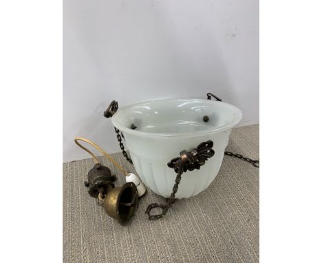 A 1930's milk glass and bronze metal ceiling light shade, dia 20cm.
