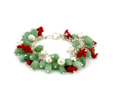A lovely 925 silver cultured pearl jade and coral bracelet, L. 18cm.