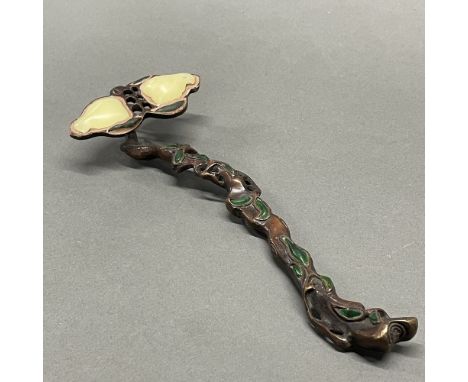 A Chinese jade inset bronze Ruyi sceptre, L. 27cm.