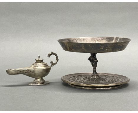 An Elkington silver plated centrepiece with a silver plated Aladdin lamp cigar lighter, dia 16cm.