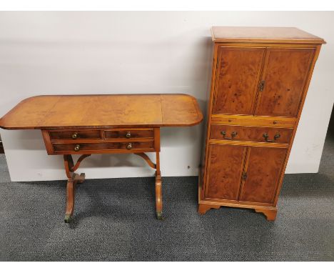 An inlaid mahogany drinks/cocktail cabinet with burr walnut veneer with a mahogany and burr walnut veneered three drawer drop