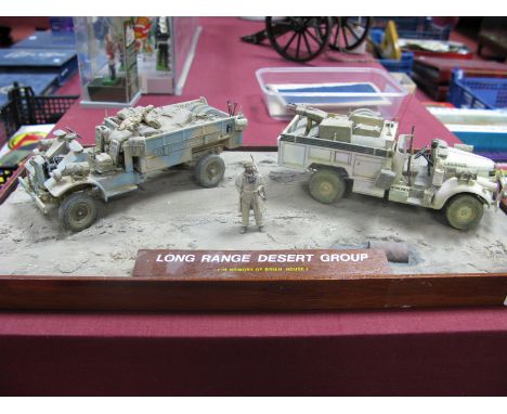 Long Range Desert Group Super Detailed Model Kit Built Two Vehicle Desert Terrain Diorama, including one figure, presented on