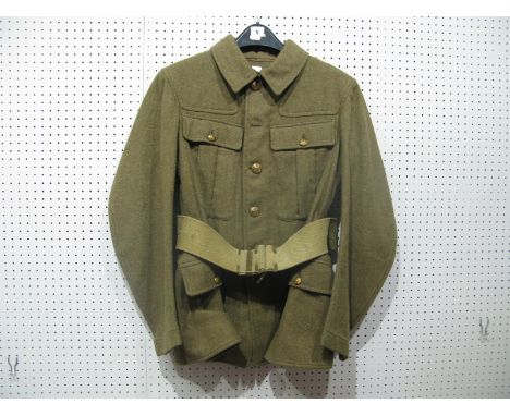 A British Army WWI Tunic, with 1908 pattern webbing belt, (tunic possible reproduction).