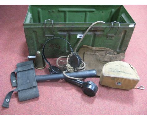 A British WWII Military Metal Ammunition Box Dated 1942, containing E.T. Ltd bakelite headphones, ARP/Fire Service axe with c