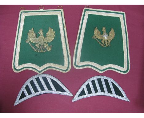 Two WWI Era German Military Pickelhaube Helmet Badges, mounted on felt; together with two bandsmen lapels, one damaged.