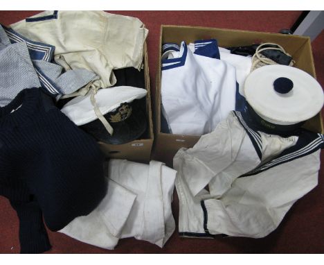 A Quantity of Mid XX Century and Later British Royal Navy Clothing Items, including caps, jumpers, trousers, jackets, button,
