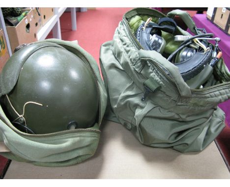 A 1960's American Helicopter Pilots Helmet, with carry bag and a 1970's British MK3 pilots helmet in carry bag. 