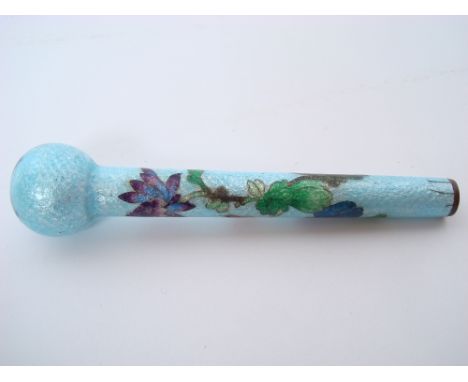 A Japanese guilloche enamel cloisonne walking stick/parasol handle, decorated with a flowering peony to stem and butterfly to