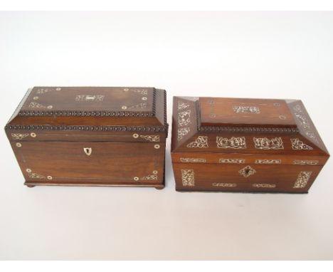 An early 19th Century rosewood and mother of pearl inlaid sarcophagus work box, lacking lift out tray and an early 19th Centu