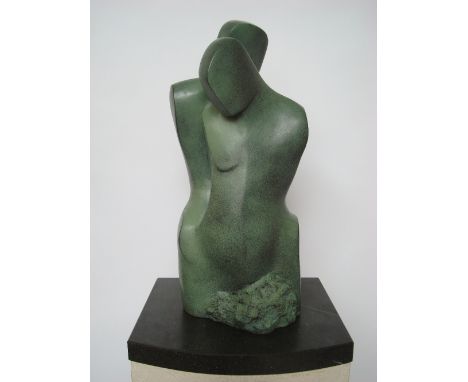 John R. Brown (b. 1931 British).
Abstract figurative statue, green patinated bronze resin, on polished granite plinth, 57cm h