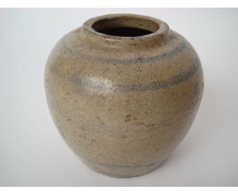 A Chinese poss Song stoneware ginger jar decorated with four blue bands, 13cm high. 