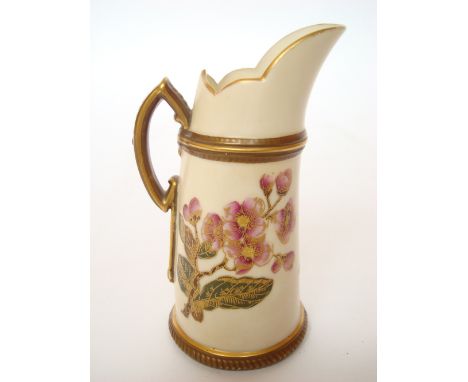 A Royal Worcester blush ivory tusk jug, decorated with flowers, green printed marks, dated 1884, 15cm h. 