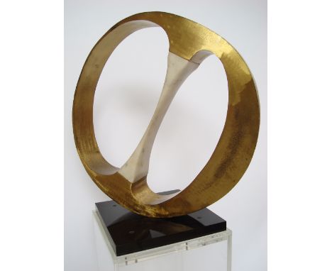 Barbara Hodgkins (20th Century American).  Abstract, brushed gilt bronze and marble on black perspex plinth base, unsigned, 5
