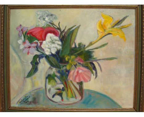 Antoinette Holland (1921 - 2011 Dutch).
Flowers in Glass Jar, oil on canvas, signed 1989, framed.
41 x 51cm.  Notes 
Antoinet