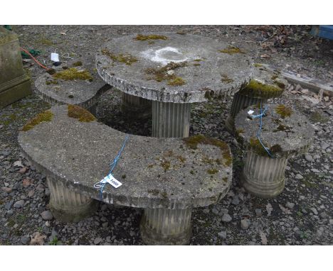 A COMPOSITE FIVE PIECE GARDEN TABLE SET, on separate column bases, comprising of a circular table, diameter 82cm x height 65c