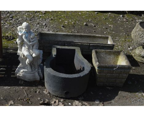 A RECTANGULAR COMPOSITE PLANTER, width 94cm, a similar square planter, a composite basin and a resin figure (4)