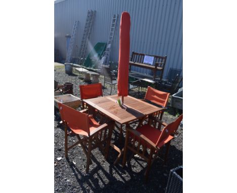 A SQUARE TEAK FOLDING GARDEN TABLE, 90cm squared x height 75cm, a set of four folding director style chairs (sd to two chairs