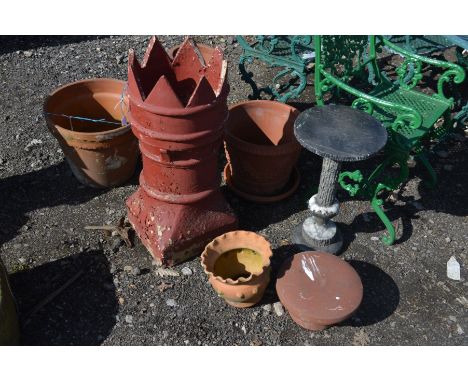 A PAINTED CHIMNEY POT, height 76cm together with a terracotta chimney pot, three plant pots, a chimney pot topper, marble occ