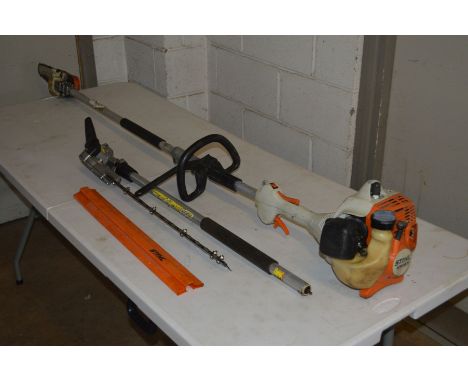 A STIHL KM55R KOMBI ENGINE MULTI PETROL TOOL with 19’’ angled hedge trimmer and chainsaw attachments (working)