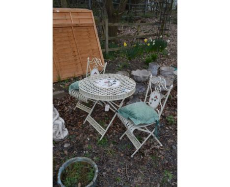 A METAL FOLDING GARDEN TABLE with lattice decoration top and floral central insert, diameter 80cm x height 75cm together with