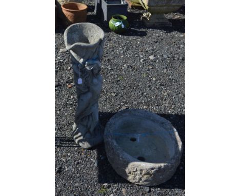 A COMPOSITE WATER FEATURE of a semi clad lady, height 78cm together with an oval composite planter (2)