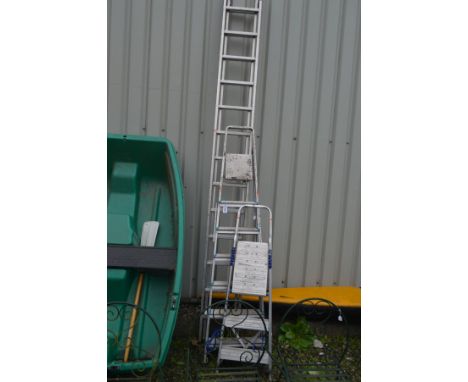 AN ALUMINIUM DOUBLE EXTENSION LADDER, together with two various aluminium step ladders (3)