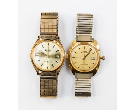 A Timex gentlemen's gold plated automatic bracelet watch with date window, side change 1960s; together with am Elf time gold 