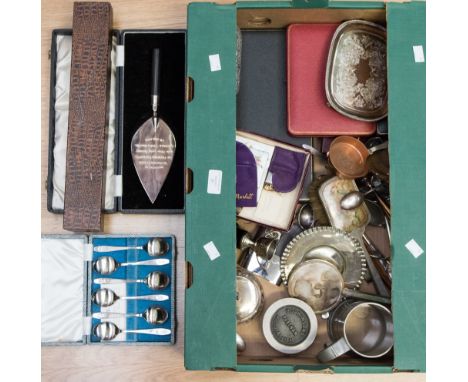 A collection of plated ware to include presentation trowel, etc (one box) 