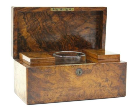 Victorian burr walnut two box tea caddy, the centre with period cut glass bowl, the lock-plate stamped S. Mordan & Co., Londo