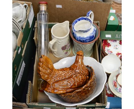 Portmeirion chicken egg box, Pyrex rolling pin, Denby tube lined vase, Wedgwood 'Ferrara' jug, including another jug and bowl