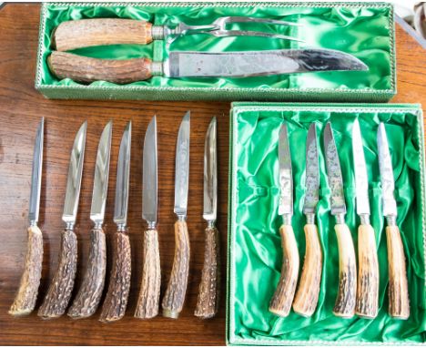 German made cutlery, carving knife and fork by Anton Wingen Jr, Solingen, rust free stainless steel, horn grips, the knife ha