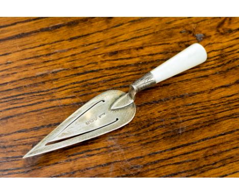 A silver trowel bookmark with mother of pearl handle, hallmark Birmingham 1920, maker Adie and Lovekin Ltd 