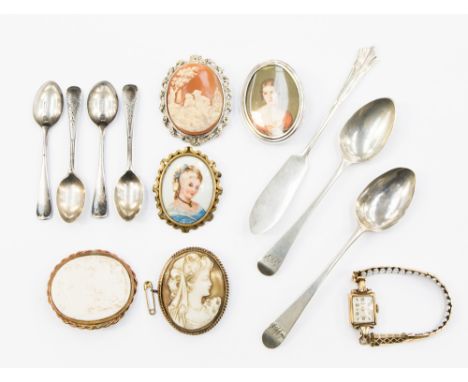 Two Georgian teaspoons, possibly 1790 and 1828, London, four coffee spoons, London 1910 and a butter knife, London 1904/5, 2.