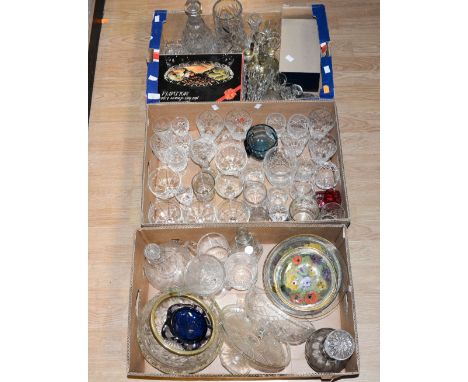 A large collection of glassware including cut glass bowls, etched decanter, cut glass decanters, two silver rimmed salts, gla