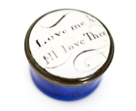 A small circular Bilston enamel patch box 'Love me and I'll love thee' approximately 23 mm diameter (two small chips to ename