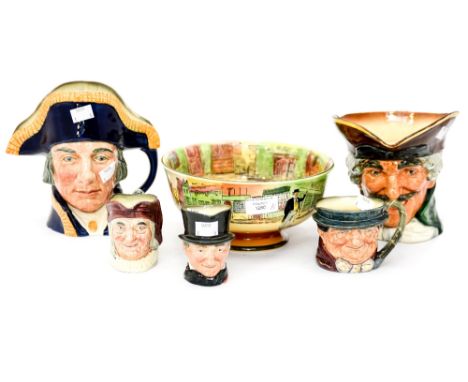 Five Royal Doulton Toby jugs, with a Royal Doulton bowl (6) 