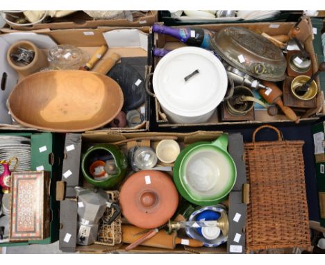 Three boxes of vintage kitchenalia, enamel bin/lid, terracotta, stoneware, whicker, metal, etc, to include coffee mills 