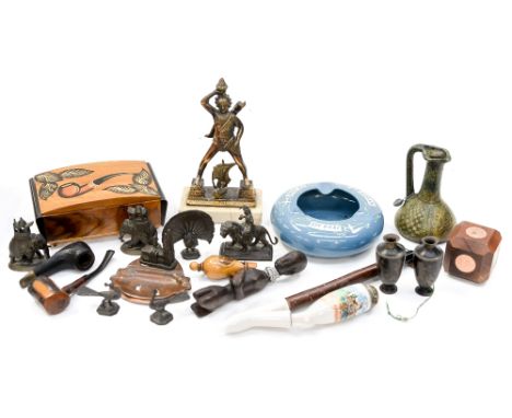 Smoking ephemera, a Copeland Spode fly B.O.A.C ash tray with a cigarette box, pipes, assorted metalware, Mauchlin whistle, et