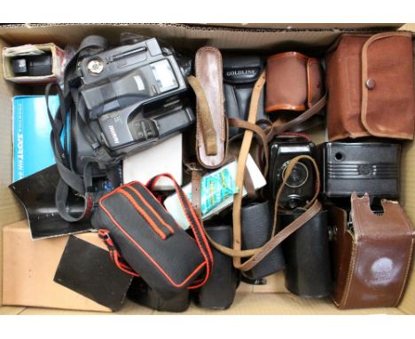 A box containing a collection of various cameras, mostly mid 20th Century and later, including Mirri, Kodak, Envoy, Bilora, c