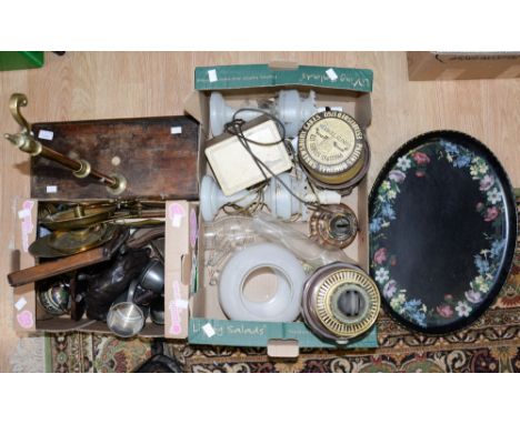 Assorted items to include balance scales (af) a Spelter Cow, Royal Crown Derby gold stopper bird, yellow metal pince-nez, cru