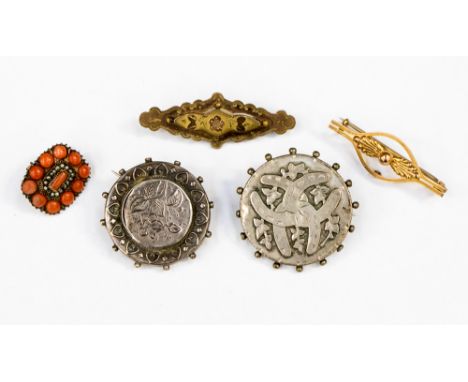 Five Victorian brooches to include cushion shaped coral and seed pearl set, approx 20 mm by 18 mm, one bar brooch stamped 9ct